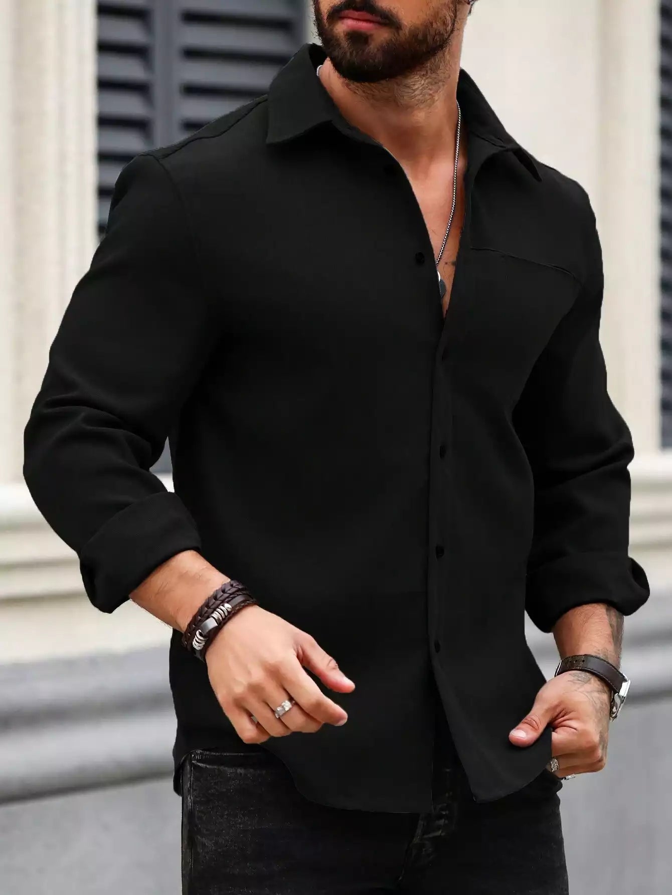 Men Spring And Summer Solid Color Loose Casual Long Sleeved Shirt Blac Blackstitchs.in