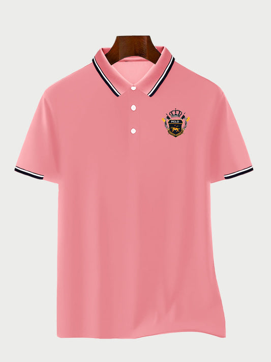 Pink Color Classic Polo Shirt with Stylish Patterned Collar