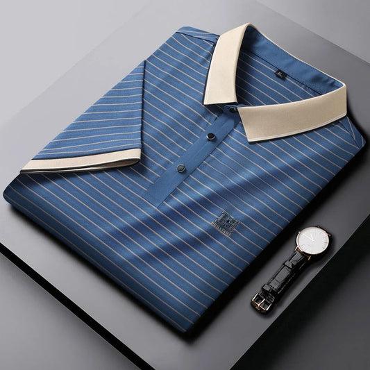 Blue Color Lining Classic Polo Shirt with Stylish Patterned Collar