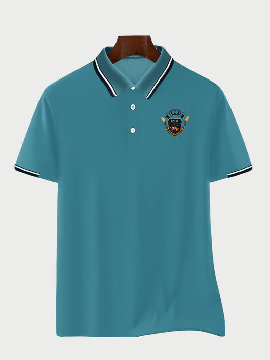 Blue Color Classic Polo Shirt with Stylish Patterned Collar