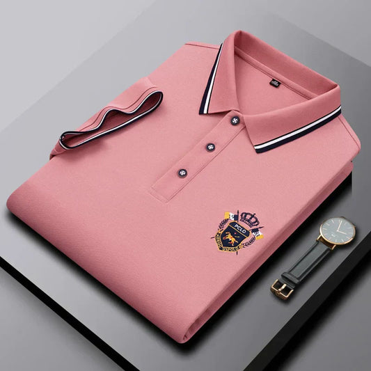 Pink Color Classic Polo Shirt with Stylish Patterned Collar