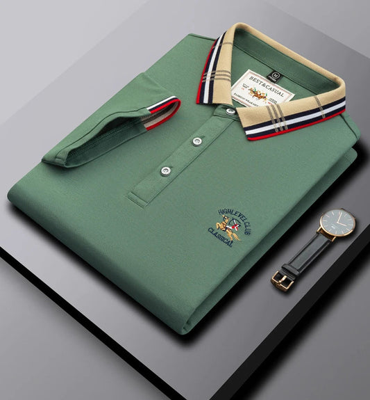 Green Color Classic Polo Shirt with Stylish Patterned Collar