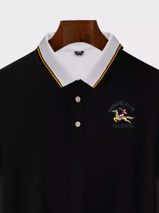 Black Color Classic Polo Shirt with Stylish Patterned White Collar