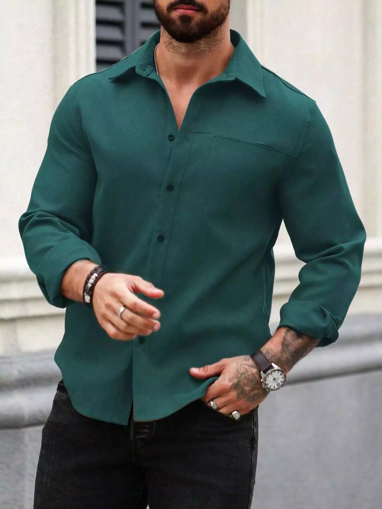 Men Spring And Summer Solid Color Loose Casual Long-Sleeved Shirt Dark Green Color