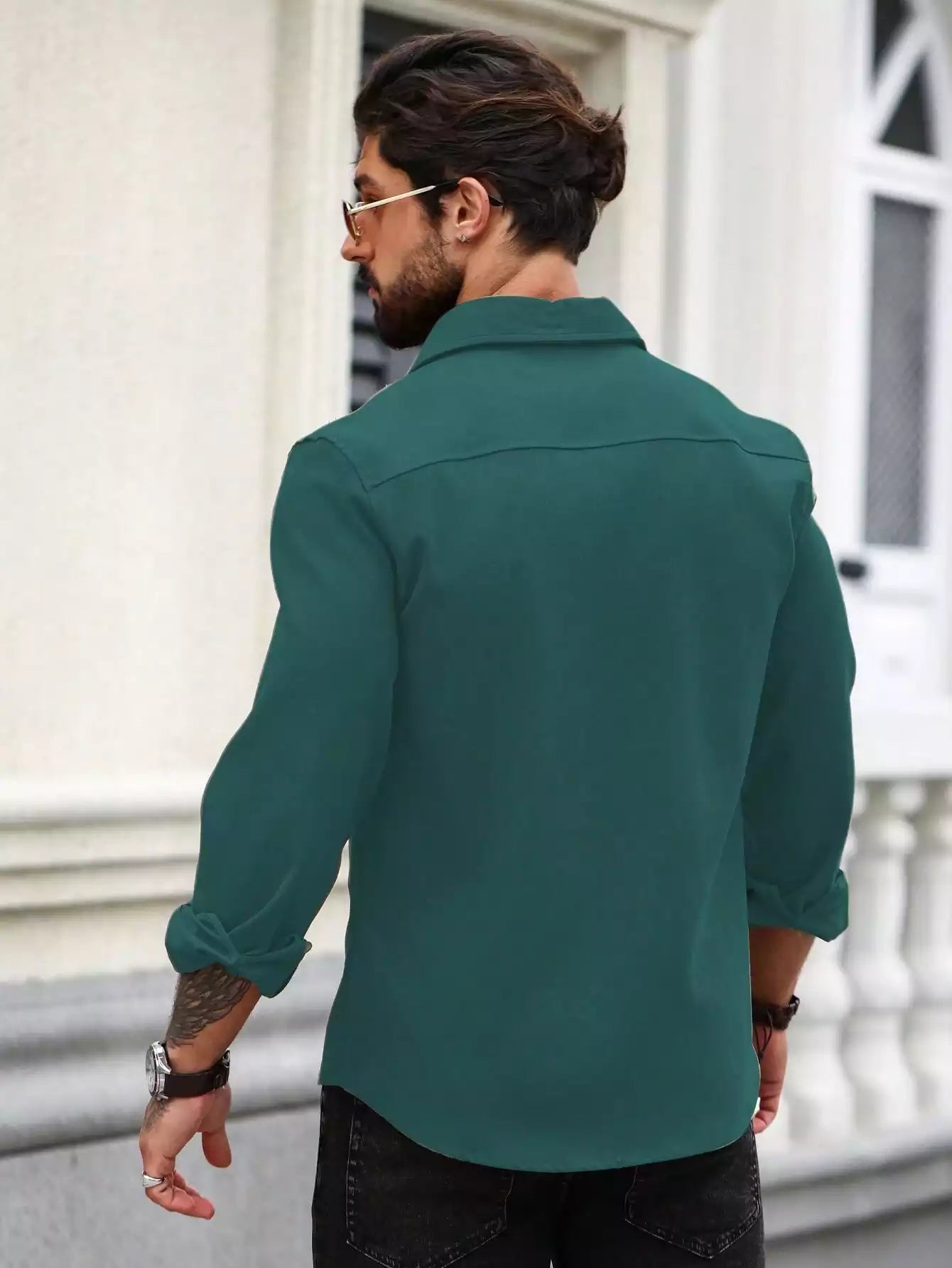 Men Spring And Summer Solid Color Loose Casual Long-Sleeved Shirt Dark Green Color