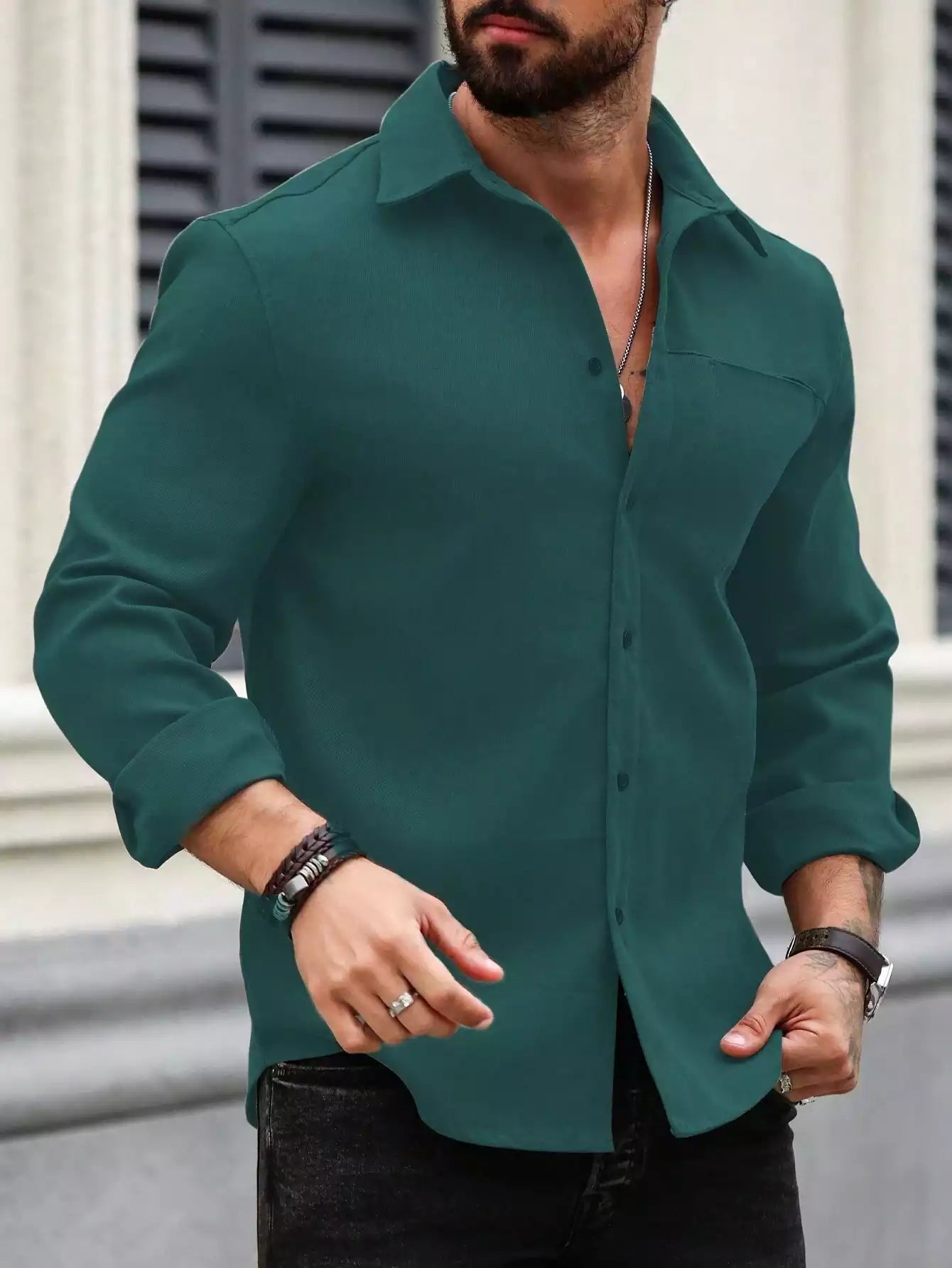 Men Spring And Summer Solid Color Loose Casual Long-Sleeved Shirt Dark Green Color