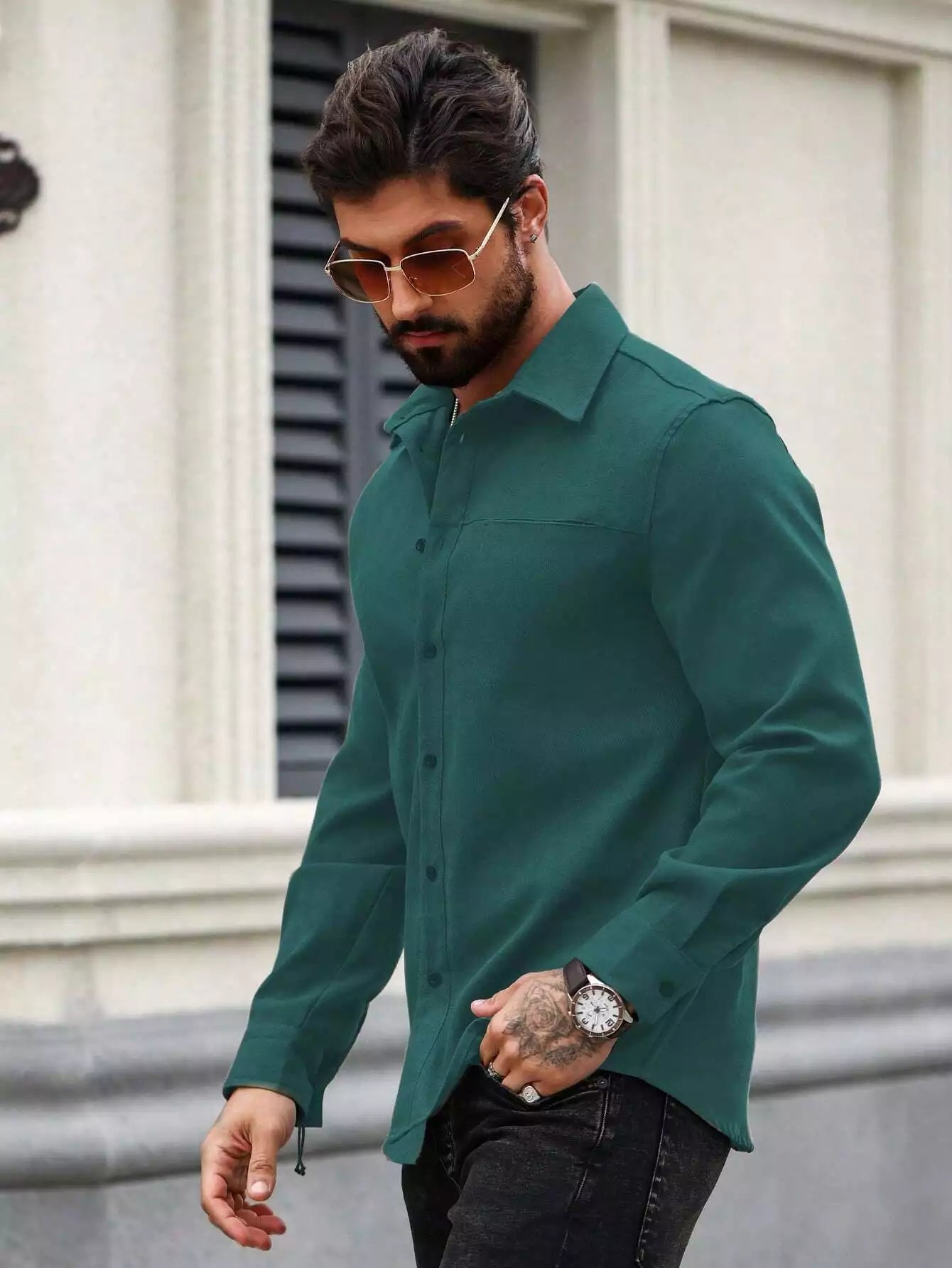 Men Spring And Summer Solid Color Loose Casual Long-Sleeved Shirt Dark Green Color