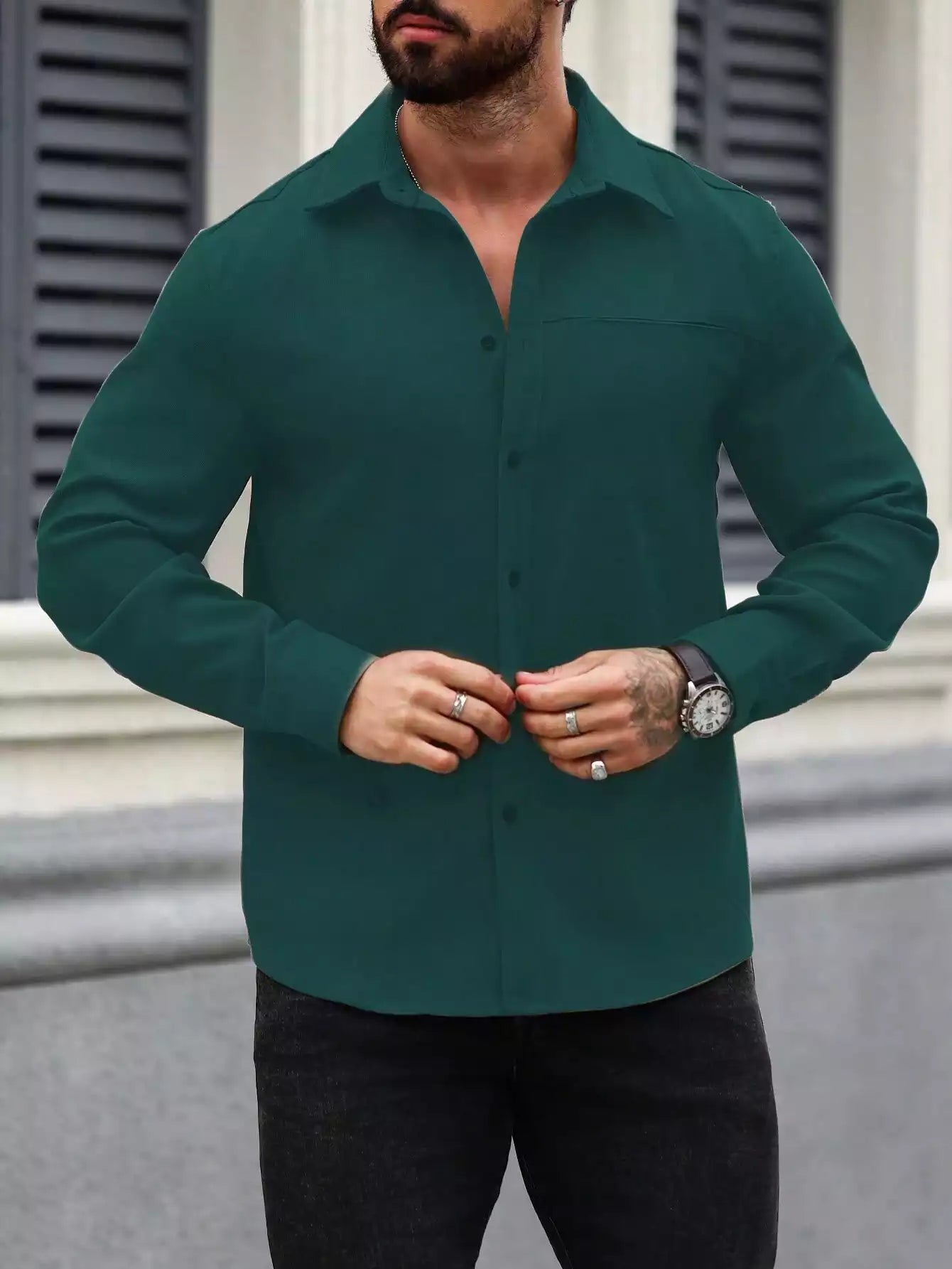 Men Spring And Summer Solid Color Loose Casual Long-Sleeved Shirt Dark Green Color