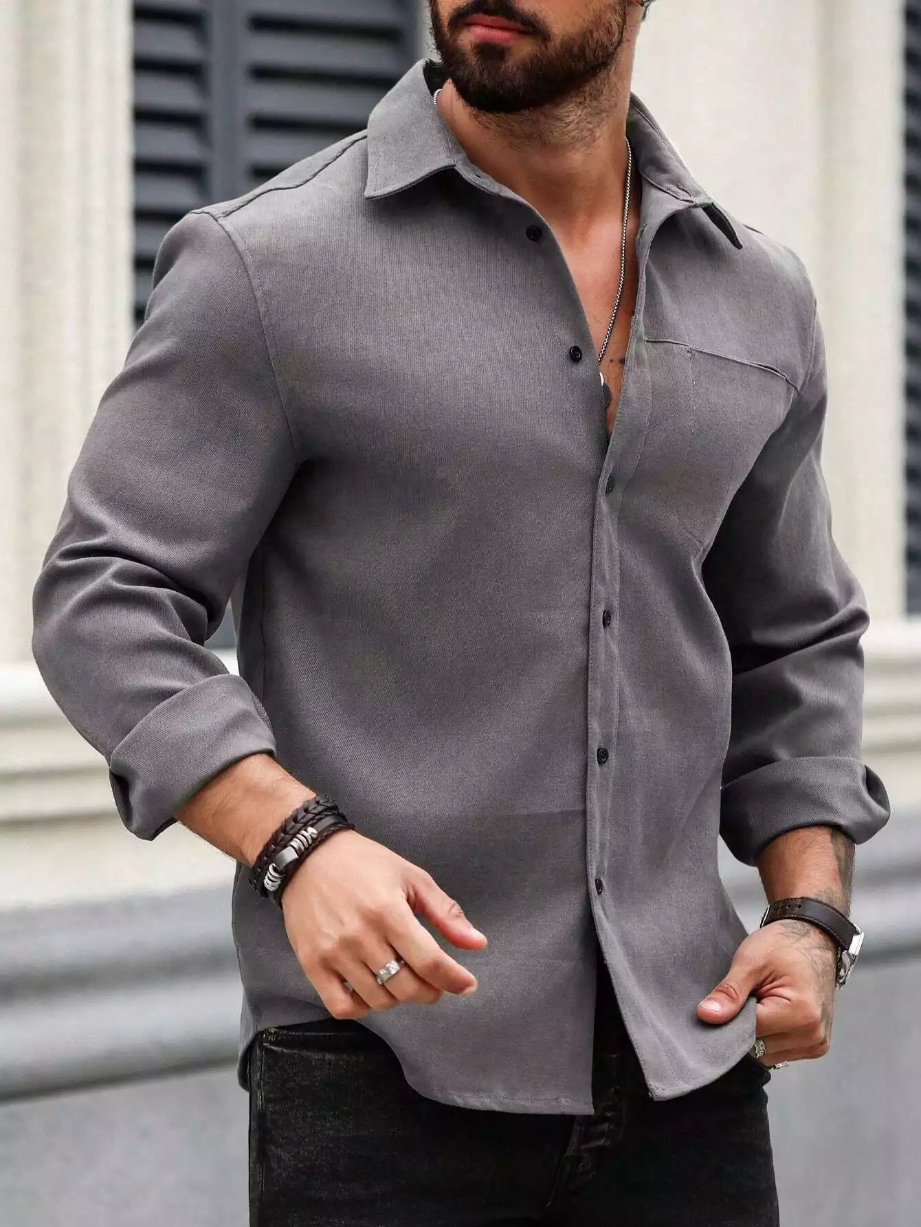 Men Spring And Summer Solid Color Loose Casual Long-Sleeved Shirt Dark Grey Color