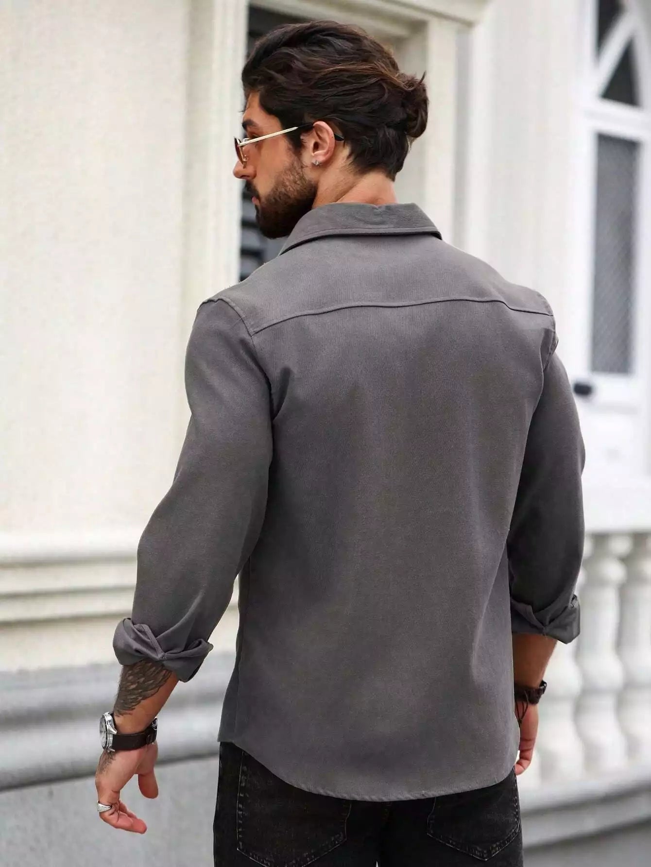 Men Spring And Summer Solid Color Loose Casual Long-Sleeved Shirt Dark Grey Color