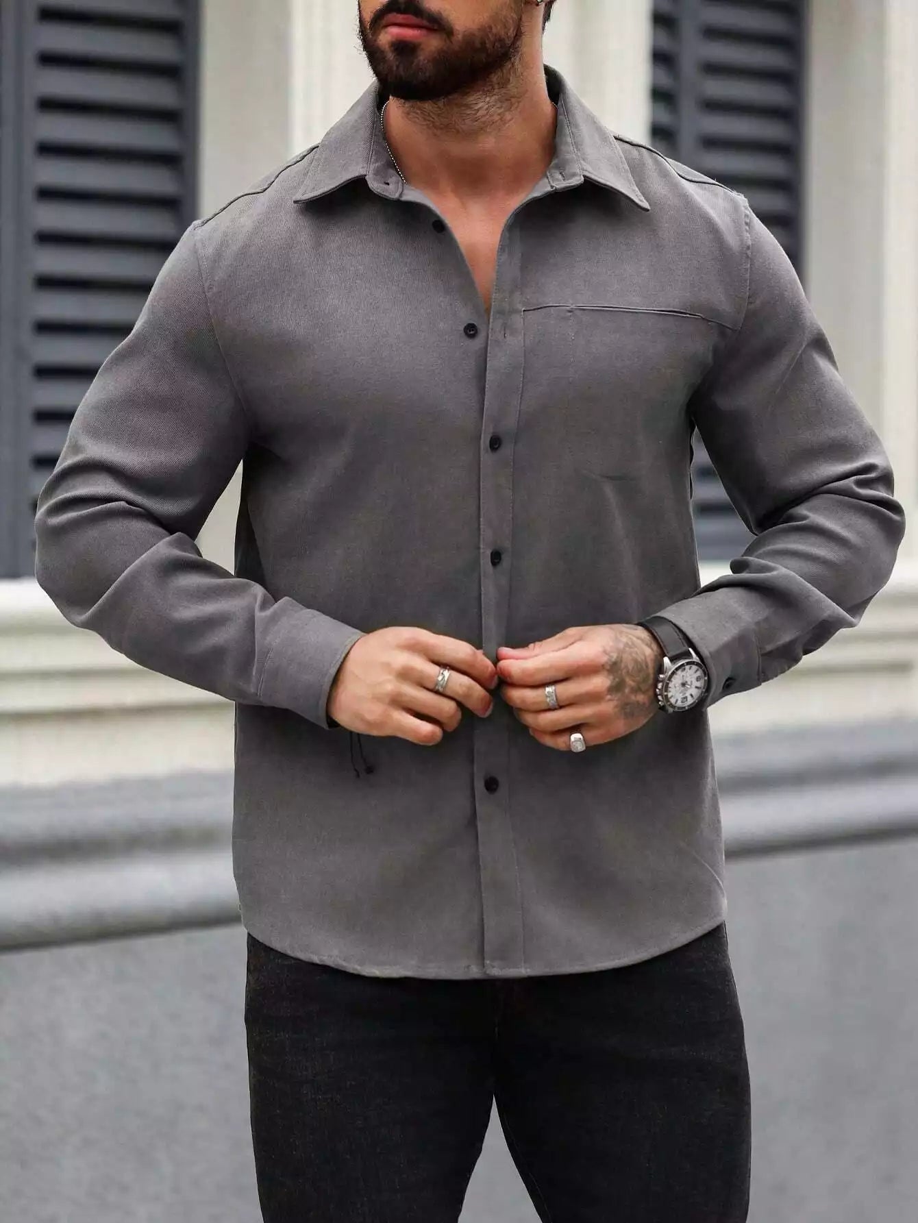 Men Spring And Summer Solid Color Loose Casual Long-Sleeved Shirt Dark Grey Color