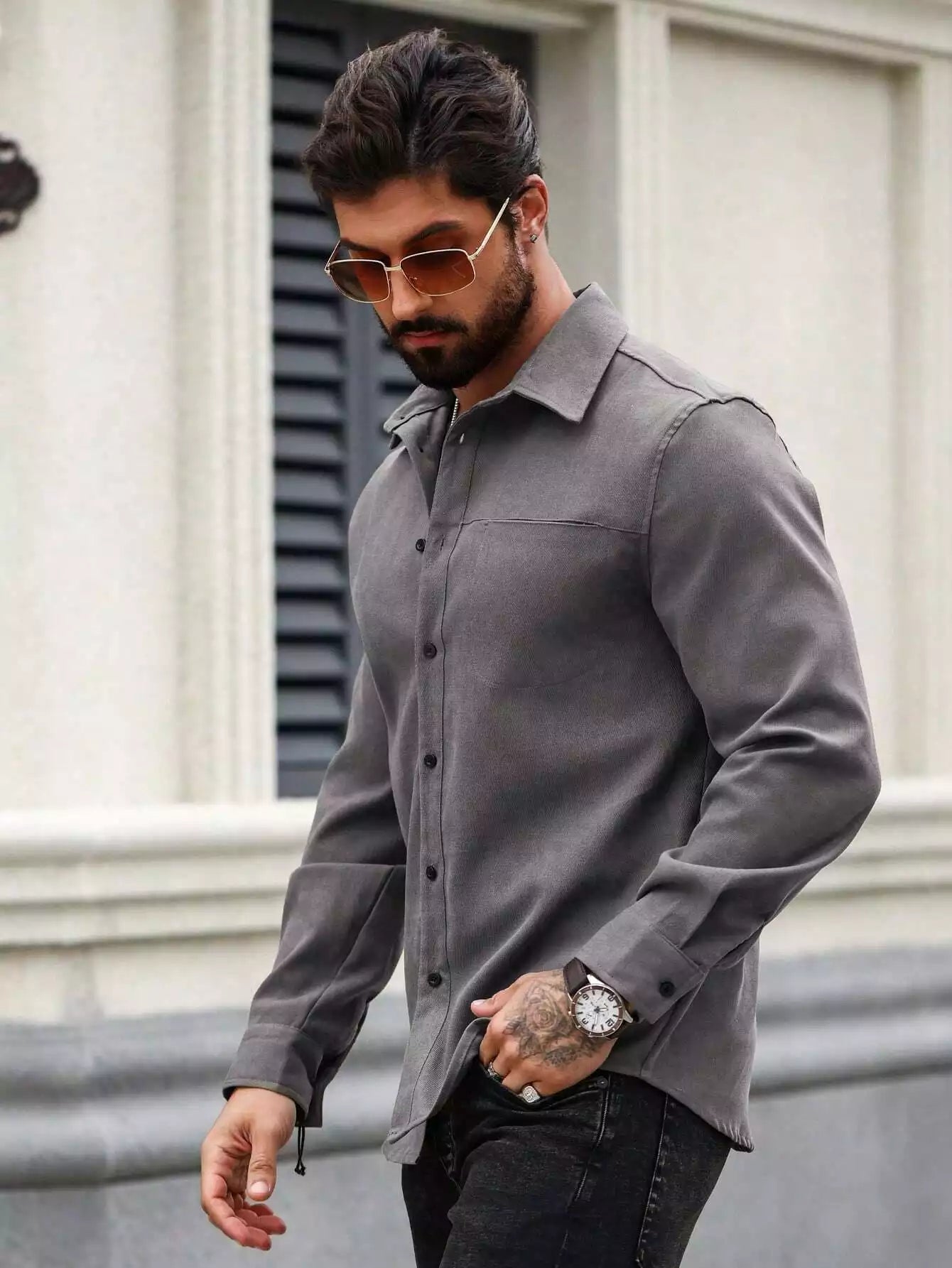 Men Spring And Summer Solid Color Loose Casual Long-Sleeved Shirt Dark Grey Color