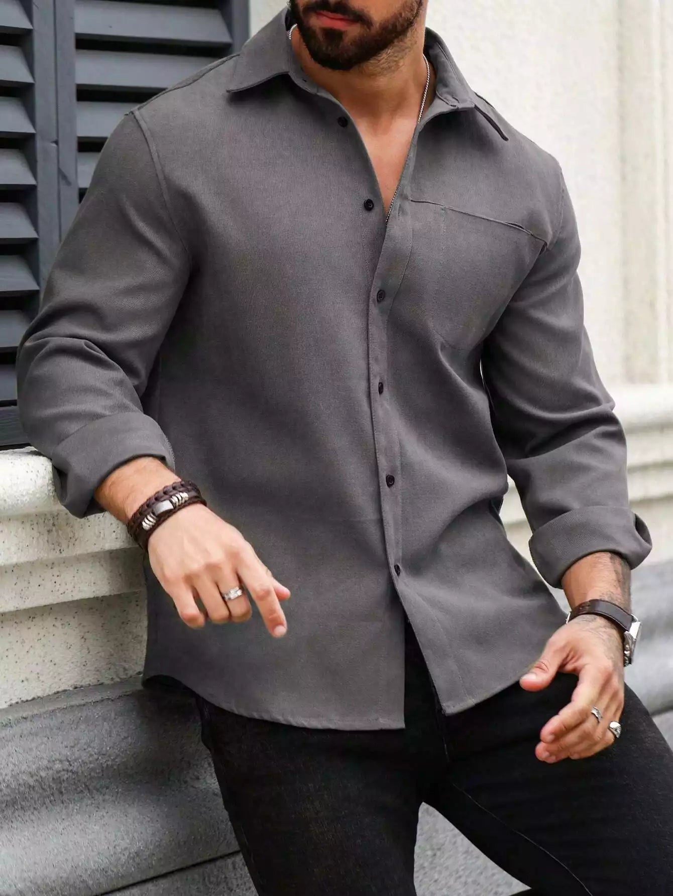 Men Spring And Summer Solid Color Loose Casual Long-Sleeved Shirt Dark Grey Color