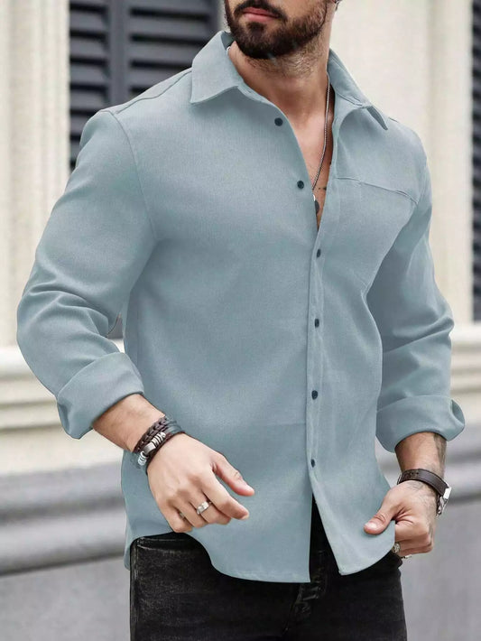 Men Spring And Summer Solid Color Loose Casual Long-Sleeved Shirt Sky Blue Color