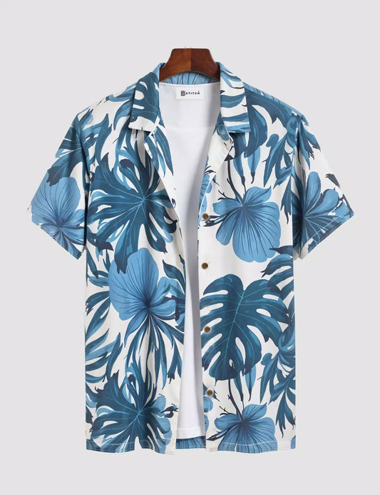 Blue Leaves Printed Designer Men's Half Sleeves Printed Shirt Exclusive Super Sale