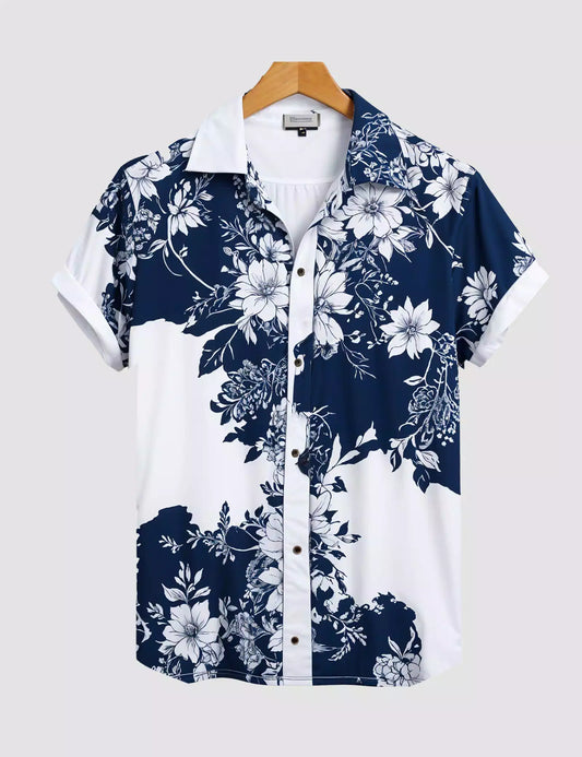 Navy Blue  Flower Printed Designer Men's Half Sleeves Printed Shirt Exclusive Super Sale