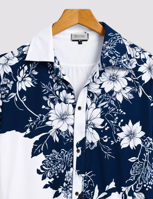 Navy Blue  Flower Printed Designer Men's Half Sleeves Printed Shirt Exclusive Super Sale