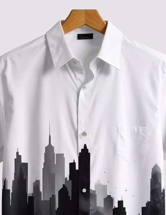 White Black Building Printed Designer Men's Half Sleeves Printed Shirt Exclusive Super Sale