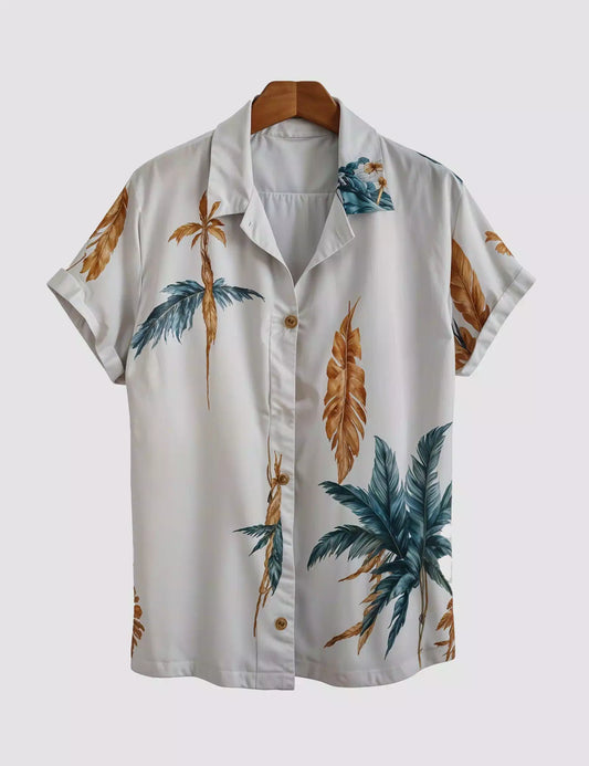 White Coconut Leaves Printed Designer Men's Half Sleeves Printed Shirt Exclusive Super Sale