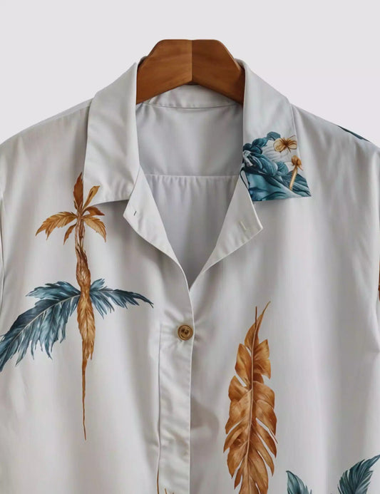 White Coconut Leaves Printed Designer Men's Half Sleeves Printed Shirt Exclusive Super Sale