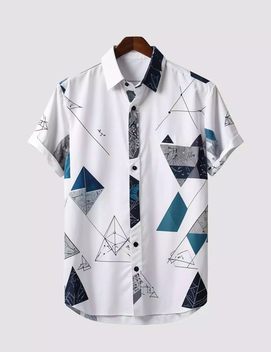 White Geometry Printed Designer Men's Half Sleeves Printed Shirt Exclusive Super Sale