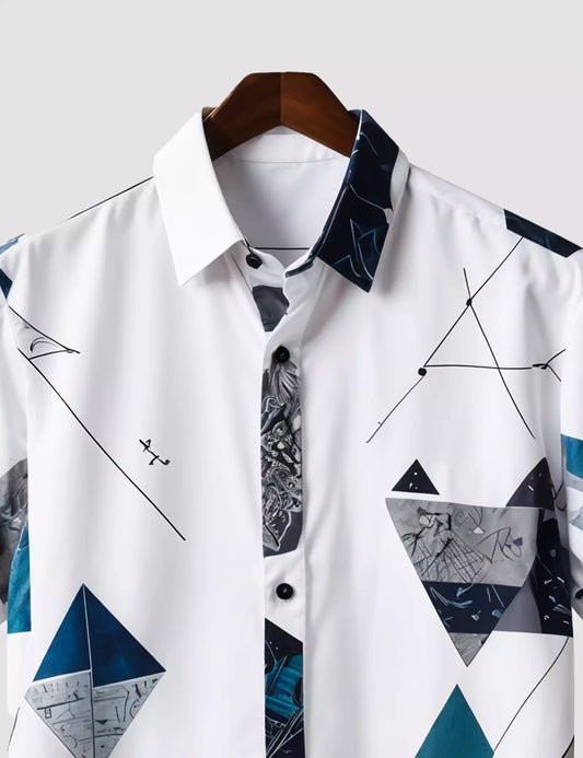 White Geometry Printed Designer Men's Half Sleeves Printed Shirt Exclusive Super Sale