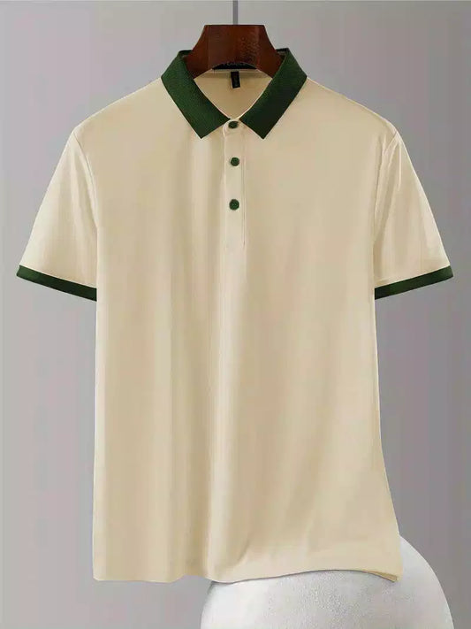 Cream Color Plain Classic Polo Shirt with Stylish Patterned Collar