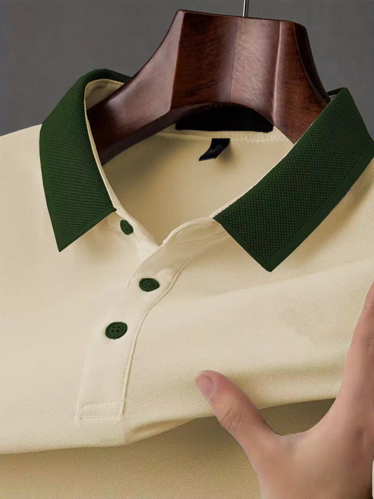 Cream Color Plain Classic Polo Shirt with Stylish Patterned Collar