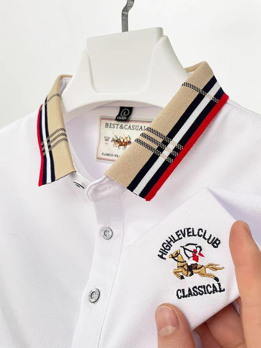 White Color Classic Polo Shirt with Stylish Patterned Collar