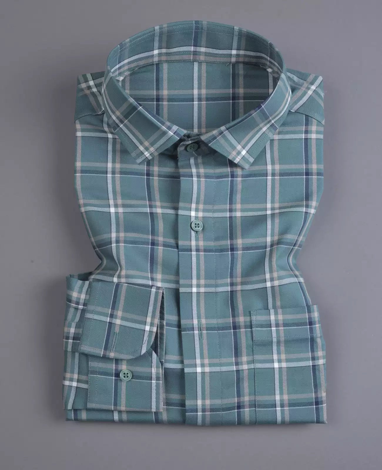 Kind-hearted Men's Full Sleeves Checks Formal Shirt Premium Collection Cotton Fabric Green Color